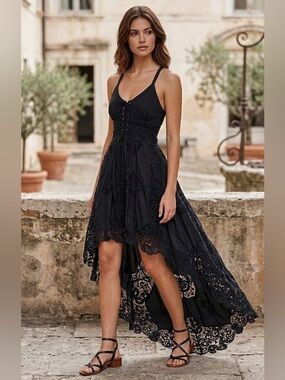 Midnight Muse Lace-Up High-Low Dress – Gothic Boho Maxi with Braided Straps